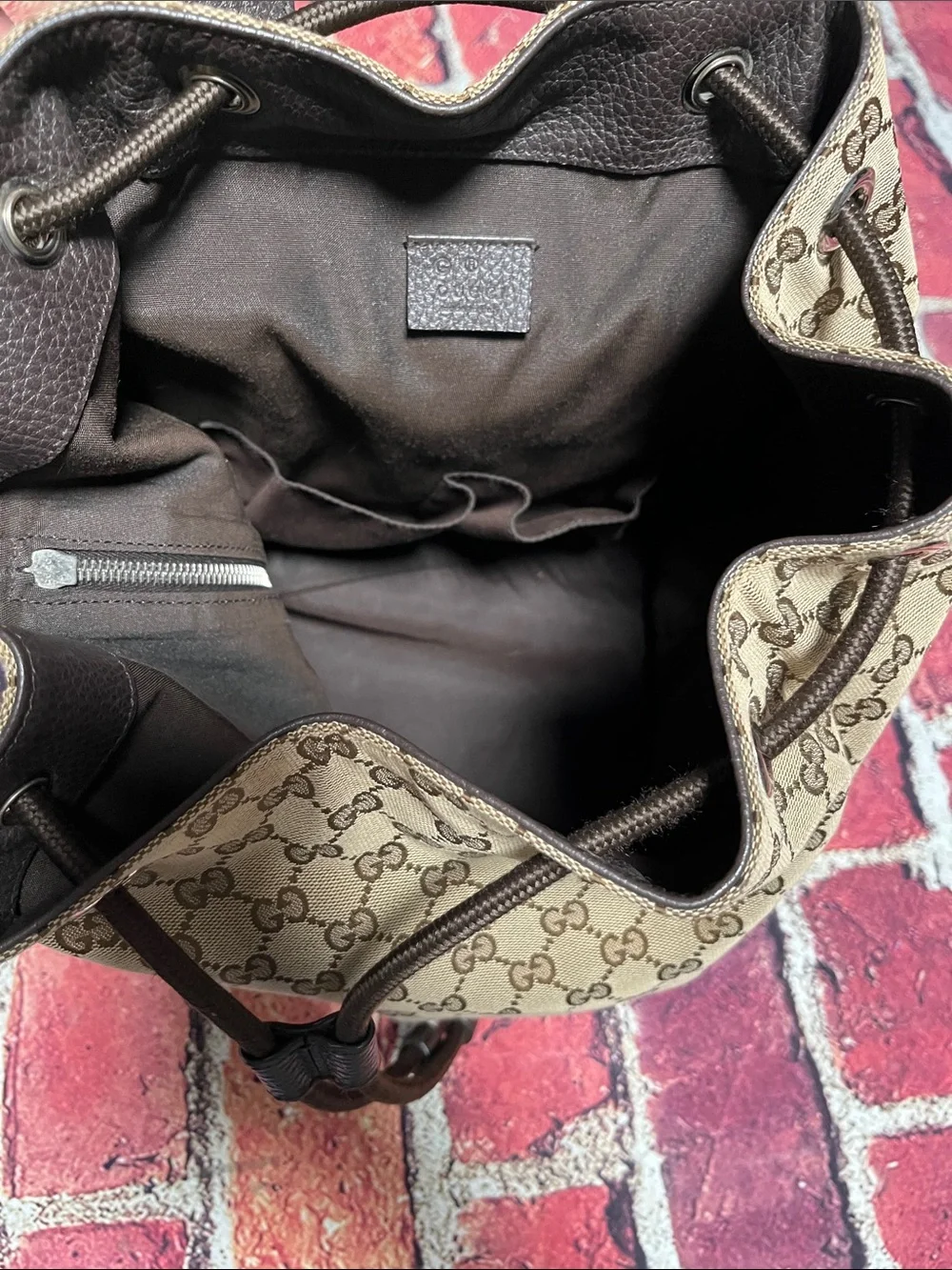 Gucci Beige Brown GG Monogram Drawstring Backpack